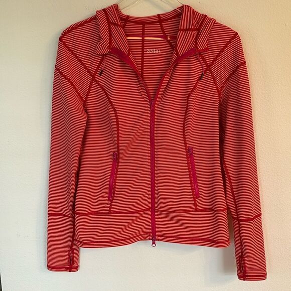 Zella Striped Long Sleeve Hoodie Track Jacket Front Zip Thumb Holes Size Small - Picture 1 of 10